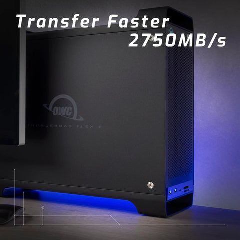 Goes Hard Eight Bay External Storage Enclosure Delivers Two Thousand Seventy Five Megabytes Per Second rear view with blue LED light