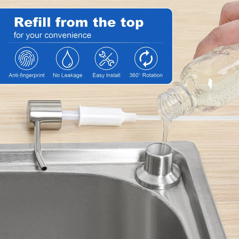 Refilling Brushed Nickel Built-In Soap Dispenser For Kitchen Sink, Stainless Steel Pump Head With 17oz Bottle