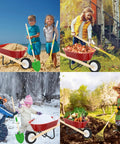Children using Kid Friendly Gardening Wheelbarrow Set With Real Wheelbarrow, Wooden Tools, Apron, Gloves in different seasons.