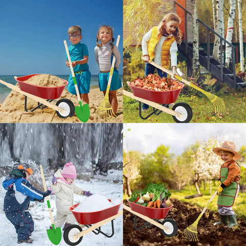 Children using Kid Friendly Gardening Wheelbarrow Set With Real Wheelbarrow, Wooden Tools, Apron, Gloves in different seasons.