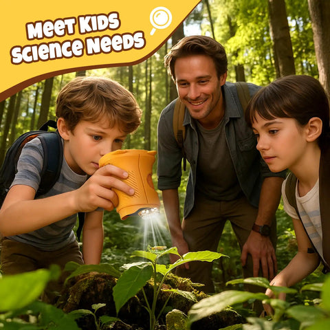 1000X Kid Friendly Digital Microscope With 2.4 Inch 4K IPS Display And 2MP Camera, standalone yellow kids microscope in forest