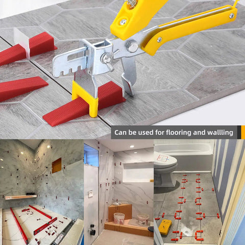 Tile Leveling System Kit With 400 Spacer Clips And 100 Reusable Wedges For Ceramic Tile And Stone Installation One Sixteenth Inch Leveler Tool Set shown in use on floors and walls