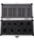 10 Piece Nut Extractor Set For Impact Tools 9mm To 19mm Short Nut Remover Sockets Kit in open metal case