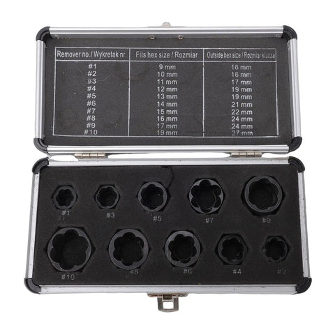 Heavy Duty 10-Piece Impact Nut Remover Set With Storage Box For Stripped Bolts Grab Broken Screws Super Tough No 45 Steel Short Extractor Kit in case