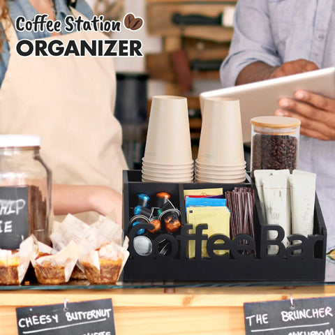 All In One Coffee Bar Organizer For Countertop Wooden Station Caddy With Tray For Pods Cups Condiments And Accessories
