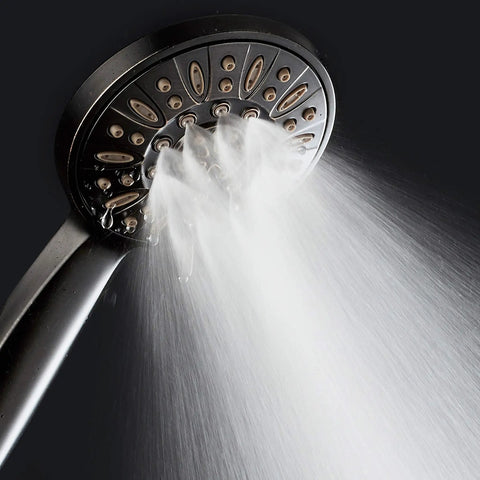 High Pressure Six Setting 4 Inch Handheld Shower Head With Hose In Oil Rubbed Bronze sprays water, spa quality flow
