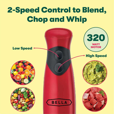 No Fuss Hand Immersion Blender With Attachable Whisk Piece 2 Speed 250 Watt Motor Dishwasher Safe Kitchen Game Changer For Quick Meals And Smooth Blends In Bold Red, showcasing 2-speed control and blending options.