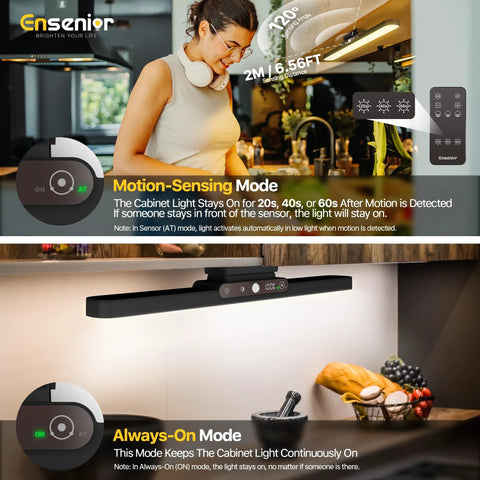 Motion Sensor Light Bar With Rechargeable Battery, Dimmable Under Cabinet Lighting, showing motion-sensing and always-on modes.