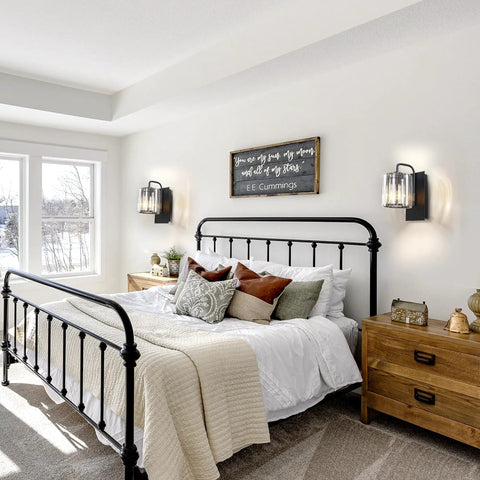 Bedroom with Black Crystal Wall Sconce Light Sleek Modern Indoor Wall Lighting above wooden nightstands, cozy decor