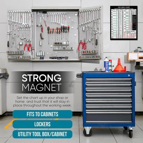 Tap Drill Chart Magnet With Decimal Equivalents, Formulas, And Metric Conversions For CNC Shops, Garages, Mechanics, And Woodworking Pros, Waterproof Magnetic Reference Guide For Real World Shop Use, 8.5 By 10.53 Inches on a garage wall