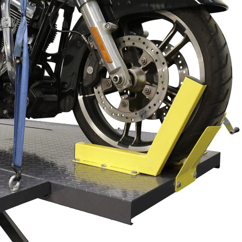Heavy Duty Motorcycle And Atv Lift Platform Boasting 1500 Lb Capacity Knockout Wheel Vise Dual Hydraulic Air Power Rig Reinforced Steel Deck Full Swivel Casters Beefy Garage Workhorse