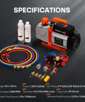 Shop Grind 1.5HP Dual Stage AC Vacuum Pump Paired With Four Port Manifold Gauge Set For No Sweat HVAC Refrigerant Extraction And Auto AC Repair Work with gauges and hoses.