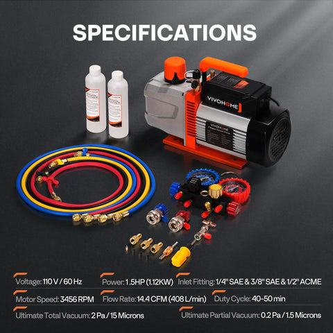 Shop Grind 1.5HP Dual Stage AC Vacuum Pump Paired With Four Port Manifold Gauge Set For No Sweat HVAC Refrigerant Extraction And Auto AC Repair Work with gauges and hoses.