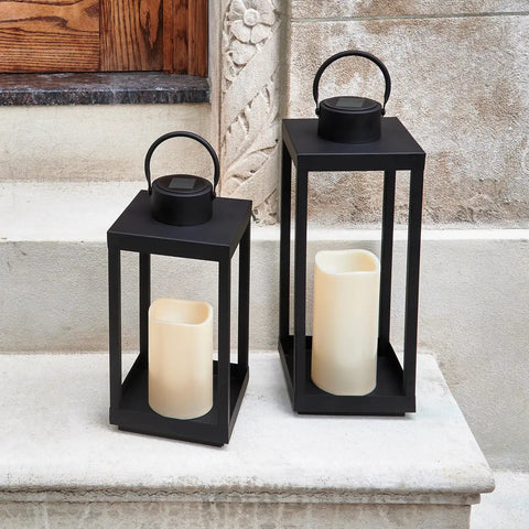 Outdoor Solar Lantern For Porch And Patio, Large Black Metal Lantern With Waterproof LED Candle, No Glass, 14 Inches