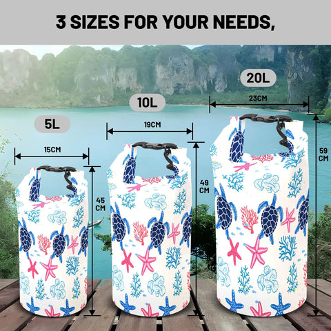 Ultra Dry Roll Top Waterproof Bag for Kayaking and Beach Adventures in 5L, 10L, 20L sizes with Sea Turtle Coral Starfish Pattern
