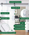 White Sliding Barn Door With 8 Foot Hardware Kit For Easy Assembly No Fuss Setup 48 By 84 Inches Waterproof PVC Surface Pre Drilled Holes Floor Guide And Handle Included H Frame Construction with size details