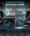 Portable Cordless Tire Inflator With Digital Pressure Gauge And LED Light 150 PSI Air Pump next to car with 18V battery options