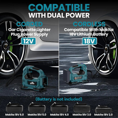 Portable Cordless Tire Inflator With Digital Pressure Gauge And LED Light 150 PSI Air Pump next to car with 18V battery options
