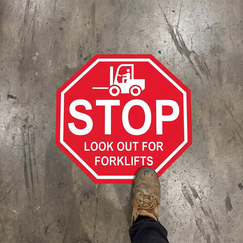 Stop Look Out For Forklift Floor Sign 17 By 17 Inches Vinyl Caution Warning Safety Traffic Sticker Labels Self Adhesive Waterproof Anti Slip Signage For Warehouse Workplace 5 Pack on concrete floor