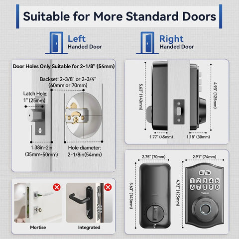 Diagram showing installation measurements for AI Fingerprint Door Lock With Built-In WiFi And Keyless Entry For Front Door.