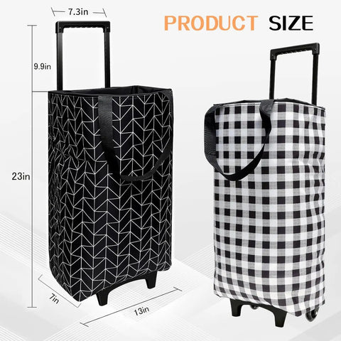 Two patterned Heavy Duty Foldable Wheeled Grocery Carts With Insulated Waterproof Bag, Portable Tote, black size details