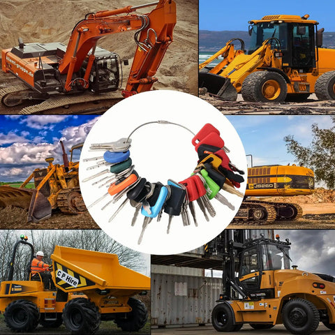 All In One Heavy Equipment Key Master Set With Full Coverage Keys For Excavators Dozers Loaders And Backhoes Universal Compatibility Across Major Machines Stocked Spare Keys For Your Construction Fleet displayed on construction vehicles background
