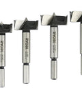 Premium Steel Forstner Drill Bit Set Seven Piece Carpenter Must Have Kit That Knocks Out Clean Woodworking Holes Smooth Cutting Pro Grade Job Site Hardware Rack with various sized bits.