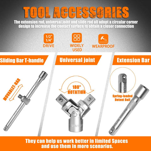 Image showing sliding T-handle bar, universal joint, and extension bar from Mechanics Tools Kit 108-Piece Socket Set with 1/4 and 1/2 Inch Metrics.
