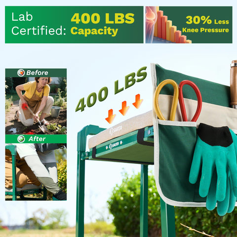 Garden Kneeler And Seat Foldable Gardening Stool With Extendable Legs 400lbs Support, tool bag visible on side, outdoors.