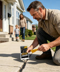 Man using Heavy Duty Concrete Crack Filler Zero Hassle Quick Dry Sealer on driveway crack while family watches nearby.