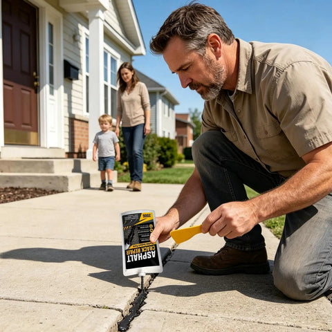 Man using Heavy Duty Concrete Crack Filler Zero Hassle Quick Dry Sealer on driveway crack while family watches nearby.