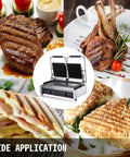 Heavy Duty Commercial Panini Press And Sandwich Maker With Cast Iron Griddle Non Stick Coating 3600W Power Stainless Steel Construction For Outdoor Camping Cooking Meats And Toasting Sandwiches Durable with steak and sandwiches.