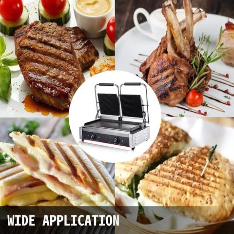 Heavy Duty Commercial Panini Press And Sandwich Maker With Cast Iron Griddle Non Stick Coating 3600W Power Stainless Steel Construction For Outdoor Camping Cooking Meats And Toasting Sandwiches Durable with steak and sandwiches.
