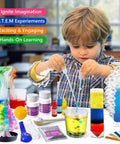 Child experimenting with 111 Experiments Science Kit for Kids, showing STEAM activities in chemistry and physics with volcano crystals.