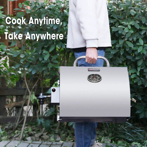 Person carrying Stainless Steel Portable Tabletop Gas Grill With 10000 BTU Power, 285 Square Inches Of Cooking Space, Folding Legs