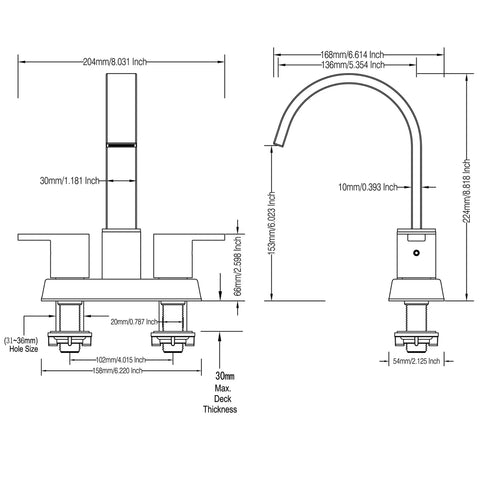 Technical drawing of 4 Inch Matte Black Bathroom Sink Faucet With Sleek Modern Arc Design, Solid Brass Build, Model BF040-9-MB.
