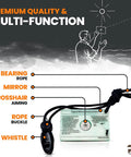 Diagram of Rugged 5-In-1 Glow-In-The-Dark Fire Starter Kit with compass and signaling mirror, featuring rope and whistle.