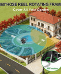 Upgraded Metal Garden Hose Reel with 100 ft Main Hose and 6.2 ft Guide for 360-degree yard coverage; wall mount shown on yard.