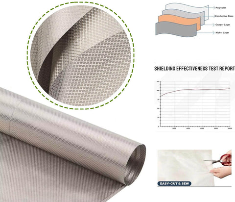 Copper Nickel Faraday Cloth Shielding Fabric 39x43 Inches with conductance layers, shielding test report, and cuttable material.
