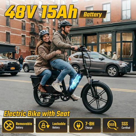 Family Cargo Ebike With Built In Child Seat And Rear Guardrail, 1500W Peak Motor, 20 Inch Fat Tires, Removable 48V 15Ah Battery, Dual Hydraulic Brakes, LCD And App Control, 7 Speed Step Through Electric Bicycle For Everyday Family Adventures with two riders