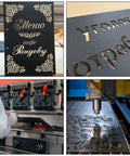 Aluminum sheet ABuff 3-pack, black anodized 12 x 8 in, 1/32 in thick; engraving blanks
Aluminum sheet in black anodized finish; side view with stamping press handling blanks
Aluminum sheet close-up with laser-cut lettering on black anodized surface
Aluminum sheet being laser-cut with decorative pattern on black anodized 12 x 8 panel