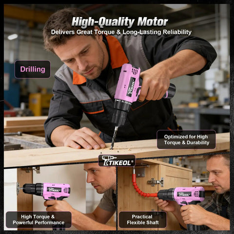 Sweet Pink 12V Cordless Drill Plug And Go Kit With Quick Charge Battery Pure Copper Motor Pushing Strong 180 In Lbs Torque for drilling wood.