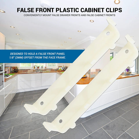 Two Pairs Plastic False Front Cabinet Clips For Attaching False Drawer Fronts To 3/4 Inch Face Frames And 5 Inch Drawer Openings Includes Screws Model R3307 shown in a kitchen setting.
