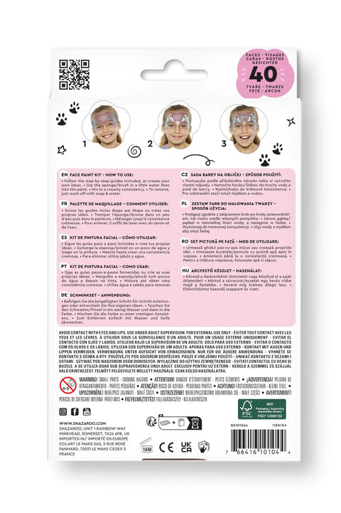 Back of Top Shelf Fantasy Face Paint Palette Kit featuring usage instructions and safety warnings for body art.