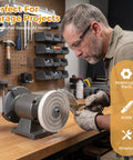 Man using 8 Inch Heavy Duty Cotton Buffing Wheels 2 Pack 50 Ply For Bench Grinders on knife, garage project setup.