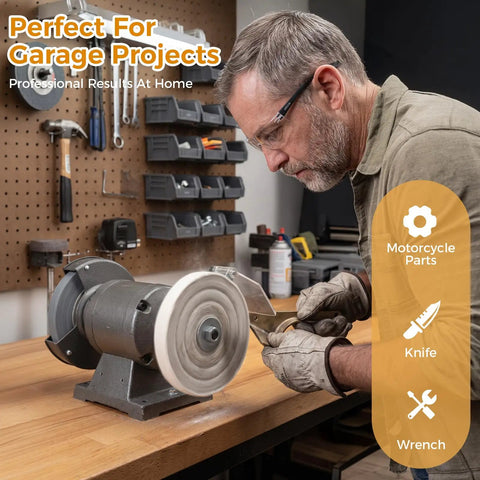 Man using 8 Inch Heavy Duty Cotton Buffing Wheels 2 Pack 50 Ply For Bench Grinders on knife, garage project setup.