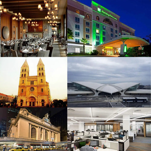Collage featuring a restaurant interior, a hotel exterior, a church, an airport terminal, a train station, and an office workspace.