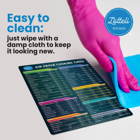 Air Fryer Cheat Sheet Magnet Set For Quick Times And Temperatures being wiped clean with a cloth by a gloved hand
