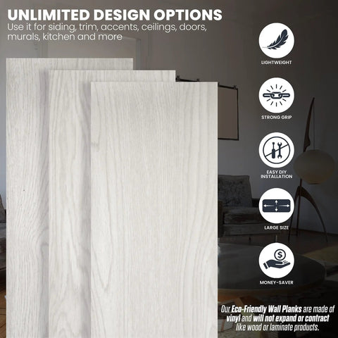 Peel And Stick Wall Planks White Washed Oak Box Kit For No Brainer DIY Feature Wall Coverage 108 Sq Ft displayed in living room