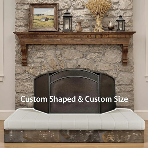 Straight Up Solid Custom Size Hearth Cushion With Extra Thick Foam Padding For Baby Safe Fireplace Edge Protector And Non Slip Window Bench Seat Cover For Cozy Indoor Furniture Armor, shown on stone fireplace.
